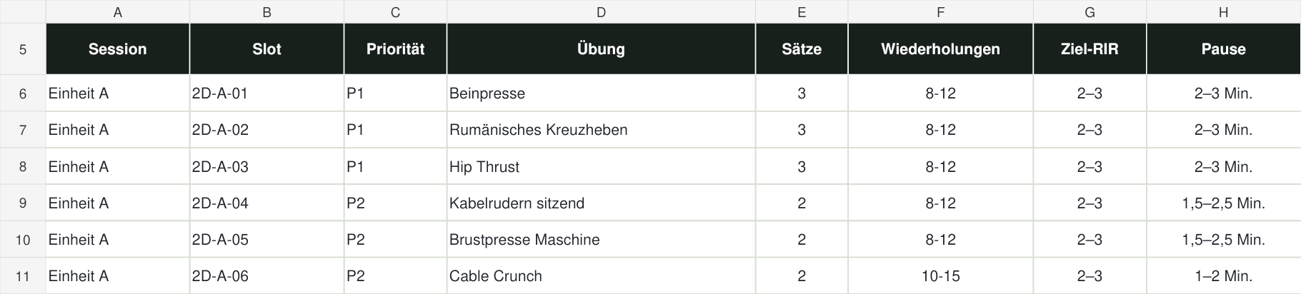 Originalansicht des ALFARI Bauch Beine Po Excel-Workbooks mit Session, Übung, Sätzen, Wiederholungen, Ziel-RIR und Pausen